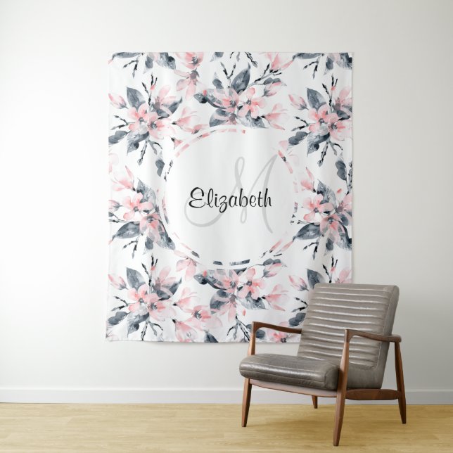Pink & Grey Floral Watercolor Pattern Monogram Tapestry (In Situ)