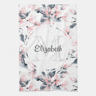Pink & Grey Floral Watercolor Pattern Monogram Tea Towel