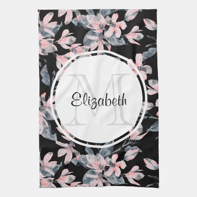 Pink & Grey Floral Watercolor Pattern Monogram Tea Towel (Vertical)