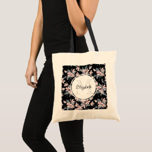 Pink & Grey Floral Watercolor Pattern Monogram Tote Bag