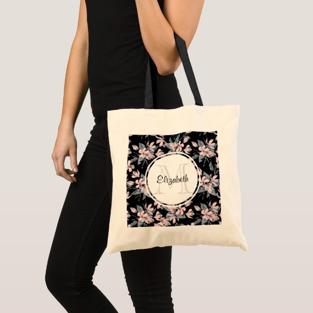 Pink & Grey Floral Watercolor Pattern Monogram Tote Bag (Front (Product))