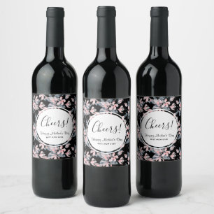 Pink & Grey Floral Watercolor Pattern Mother's Day Wine Label