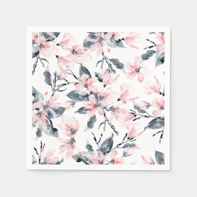 Pink & Grey Floral Watercolor Pattern Napkin (Front)