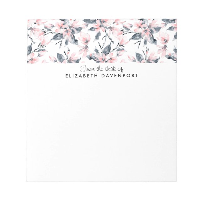 Pink & Grey Floral Watercolor Pattern Notepad (Front)