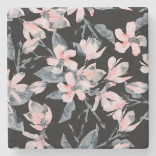 Pink & Grey Floral Watercolor Pattern Stone Coaster