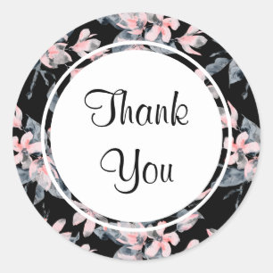 Pink & Grey Floral Watercolor Pattern Thank You Classic Round Sticker