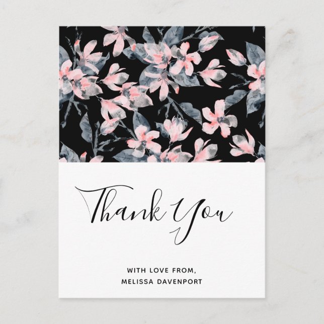 Pink & Grey Floral Watercolor Pattern Thank You Postcard (Front)