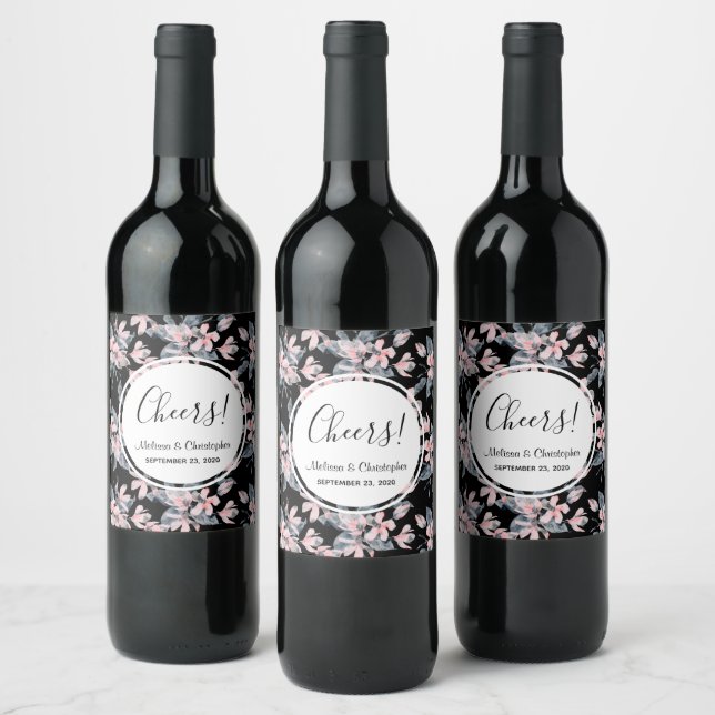 Pink & Grey Floral Watercolor Pattern Wedding Wine Label (Bottles)
