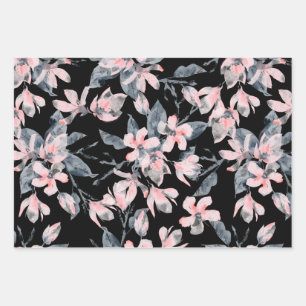 Pink & Grey Floral Watercolor Pattern Wrapping Paper Sheet