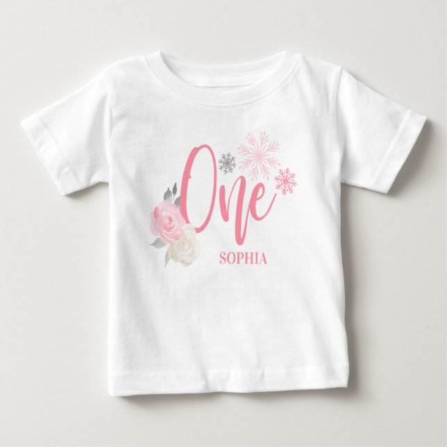 Pink Grey Floral Winter ONEderland 1st Birthday Baby T-Shirt (Front)