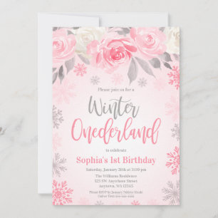 Pink Grey Floral Winter ONEderland 1st Birthday Invitation