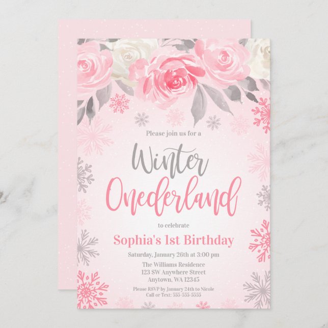 Pink Grey Floral Winter ONEderland 1st Birthday Invitation (Front/Back)