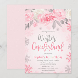 Pink Grey Floral Winter ONEderland 1st Birthday Invitation