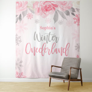 Pink Grey Floral Winter ONEderland Backdrop Tapestry