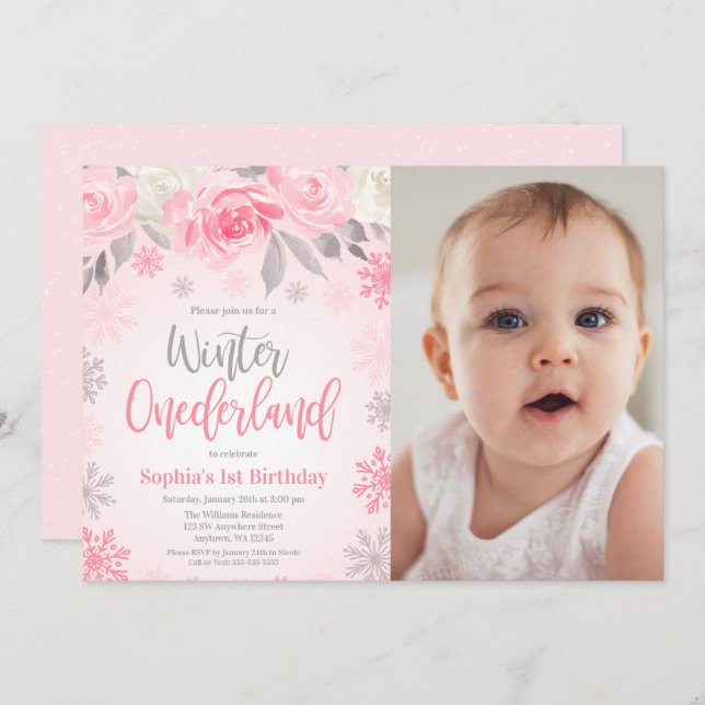 Pink Grey Floral Winter ONEderland Birthday Photo Invitation (Front/Back)