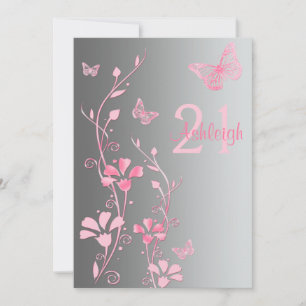 Pink, Grey Flowers & Butterflies 21st Invitation