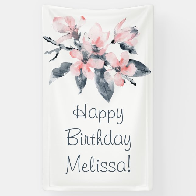 Pink & Grey Flowers Classy Watercolor Birthday Banner (Vertical)