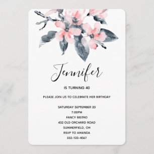 Pink & Grey Flowers Classy Watercolor Birthday Invitation