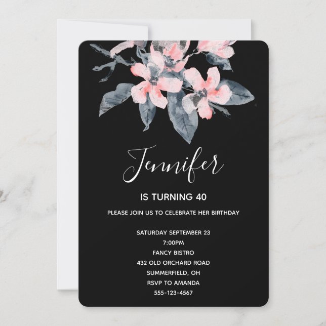 Pink & Grey Flowers Classy Watercolor Birthday Invitation (Front)
