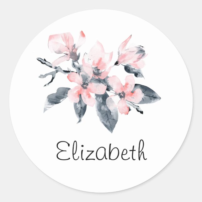 Pink & Grey Flowers Classy Watercolor Classic Round Sticker (Front)