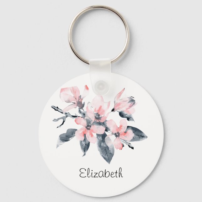 Pink & Grey Flowers Classy Watercolor Key Ring (Front)