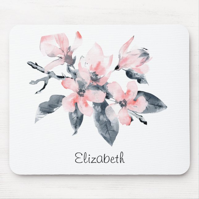Pink & Grey Flowers Classy Watercolor Mouse Pad (Front)
