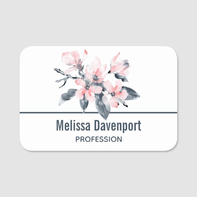 Pink & Grey Flowers Classy Watercolor Name Tag (Front)