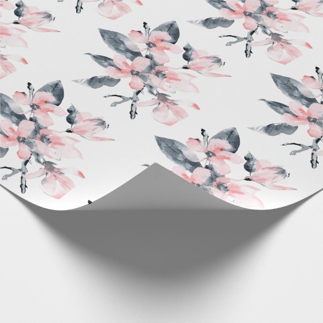 Pink & Grey Flowers Classy Watercolor Pattern Wrapping Paper (Corner)