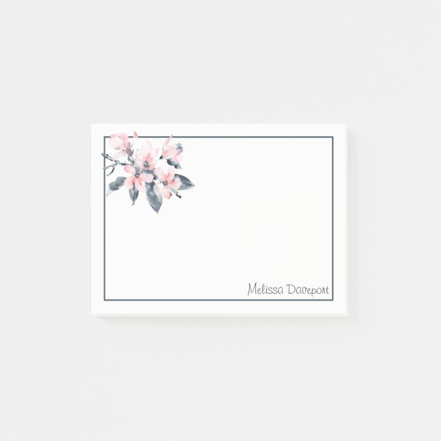 Pink & Grey Flowers Classy Watercolor Post-it Notes (Front)