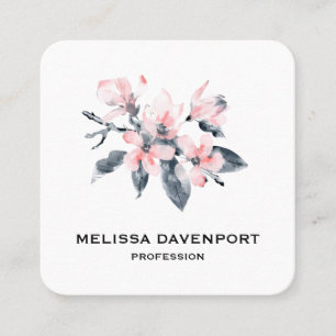 Pink & Grey Flowers Classy Watercolor Square Business Card