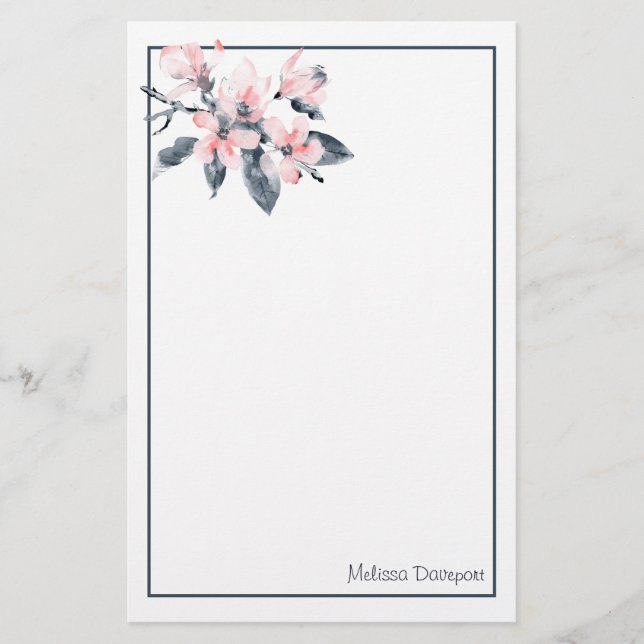 Pink & Grey Flowers Classy Watercolor Stationery (Front)