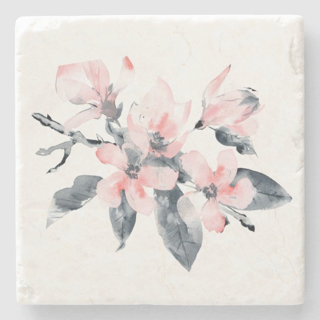 Pink & Grey Flowers Classy Watercolor Stone Coaster (Front)