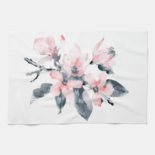 Pink & Grey Flowers Classy Watercolor Tea Towel (Horizontal)