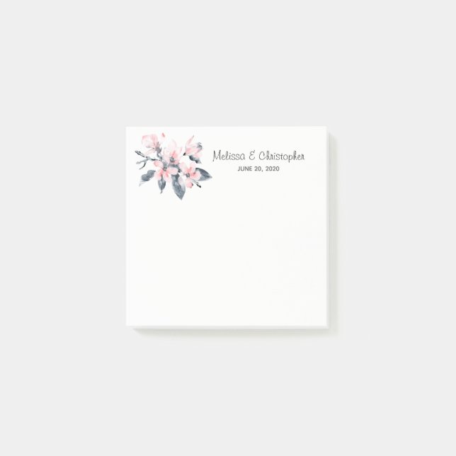 Pink & Grey Flowers Classy Watercolor Wedding Post-it Notes (Front)