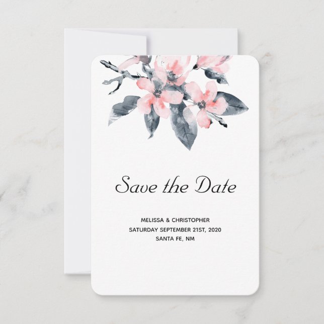 Pink & Grey Flowers Classy Watercolor Wedding Save The Date (Front)