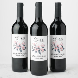 Pink & Grey Flowers Classy Watercolor Wedding Wine Label