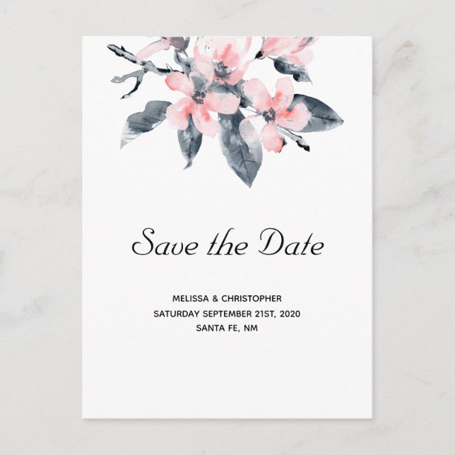 Pink & Grey Flowers Watercolor Save the Date Invitation Postcard (Front)