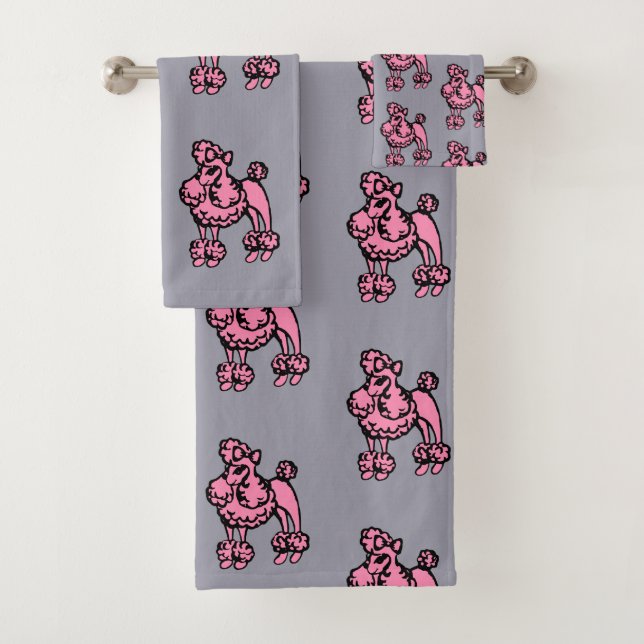  Pink Grey French Poodle Large Bath Towel Set (Insitu)