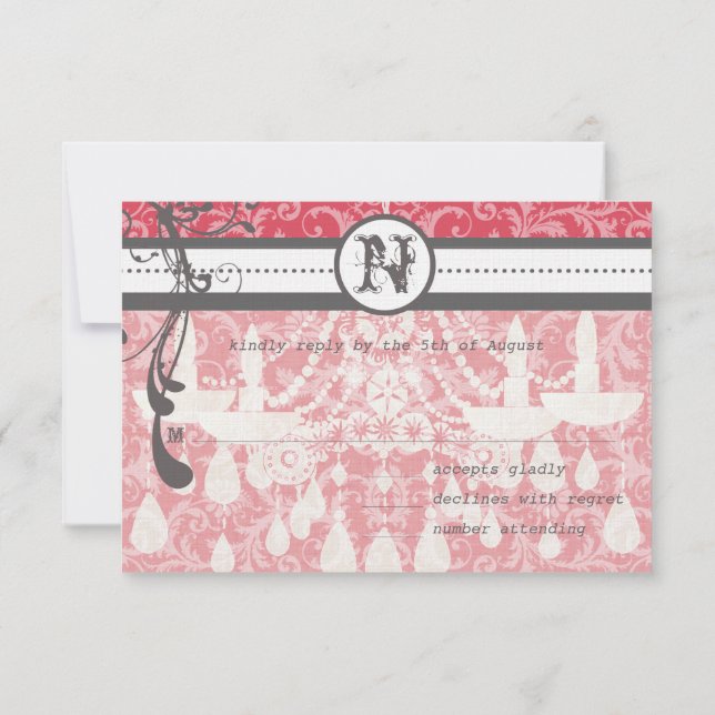 Pink & Grey Funky Swirls Wedding RSVP Card (Back)