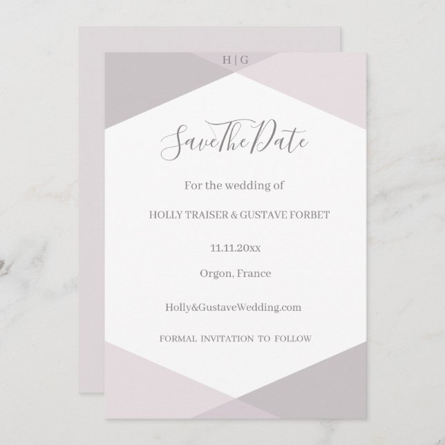 Pink Grey Geometric Monogram Save The Date Wedding Invitation (Front/Back)