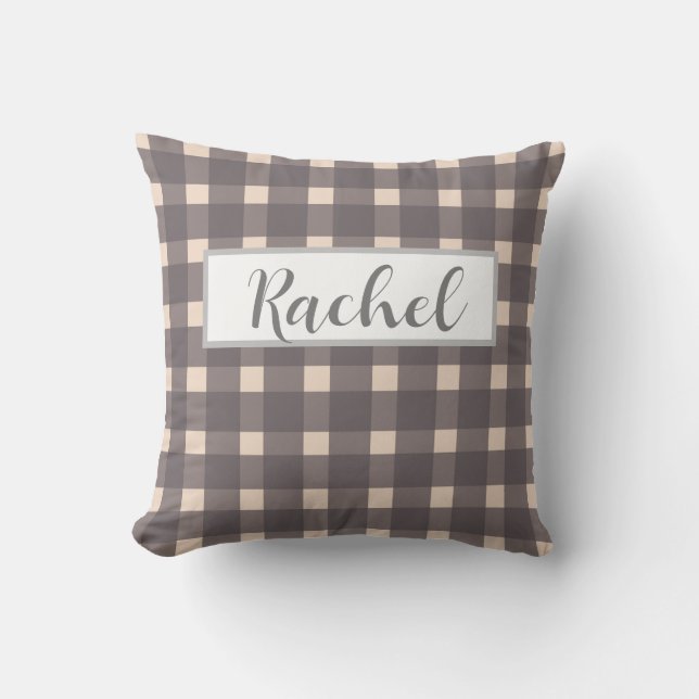 Pink Grey Gingham Personalised  Cushion (Front)