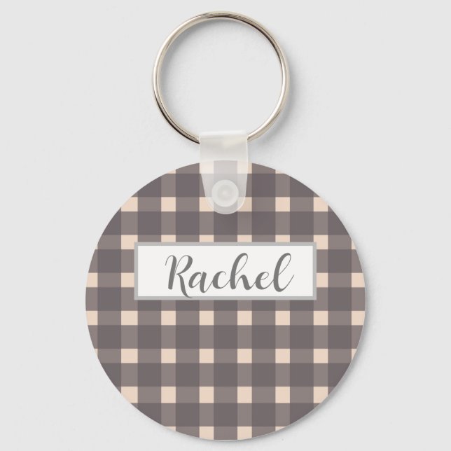 Pink Grey Gingham Personalised Key Ring (Front)