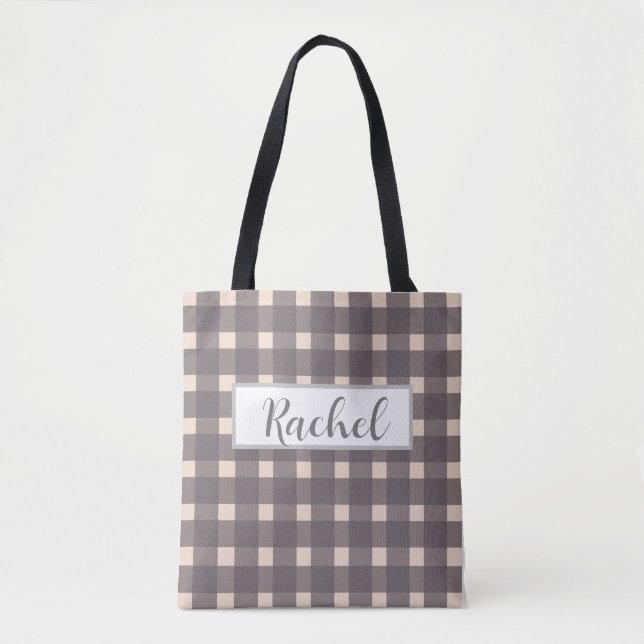 Pink Grey Gingham Personalised Tote Bag (Front)