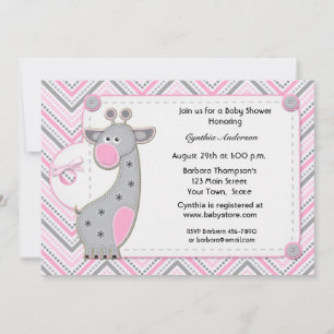 Pink Grey Giraffe Chevron Baby Shower Invitation