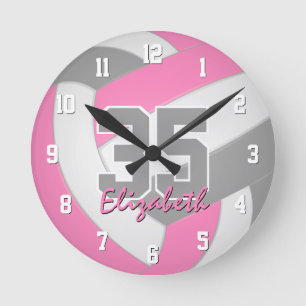 pink grey girls personalised volleyball round clock