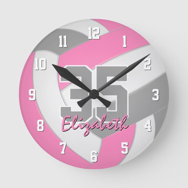 pink grey girls personalised volleyball round clock (Front)
