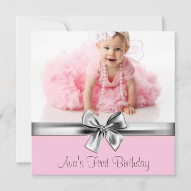 Pink Grey Girls Photo Birthday Party Invitation (Front)