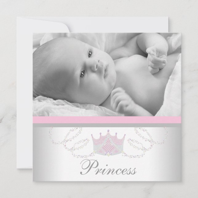 Pink Grey Girls Princess Birth Announcements (Front)