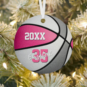 pink grey girls sports keepsake basketball metal tree decoration