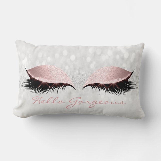 Pink Grey Girly Makeup Lashes Hello Gorgeous Lumbar Cushion (Front)